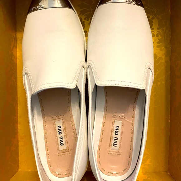 MIU MIU WHITE leather metal cap toe platform slip on sneakers SIZE 38.5 - Picture 6 of 6